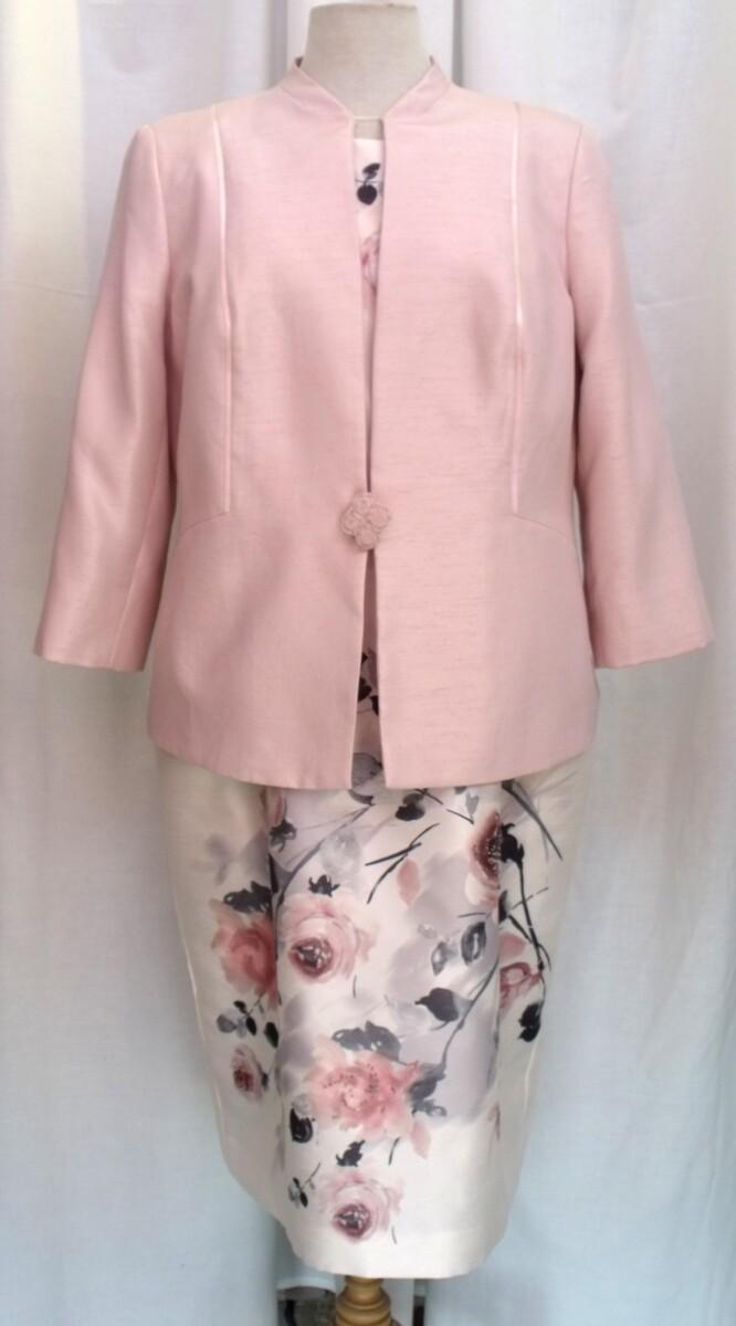 jacques vert IVORY SHANTUNG SHIFT DRESS BLUSHING ROSE PLACEMENT PRINT & SHELL PINK SHANTUNG JACKET