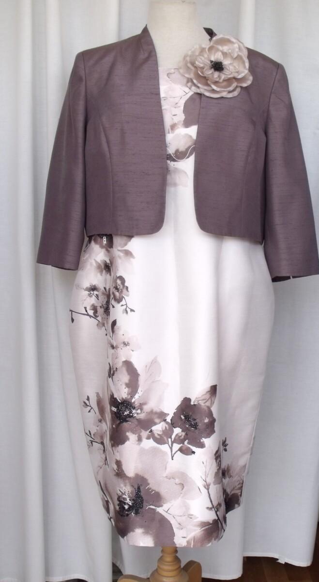 jacques vert IVORY SHANTUNG SHIFT DRESS COFFEE BROWN PLACEMENT PRINT & COFFEE BROWN SHANTUNG SHORT JACKET