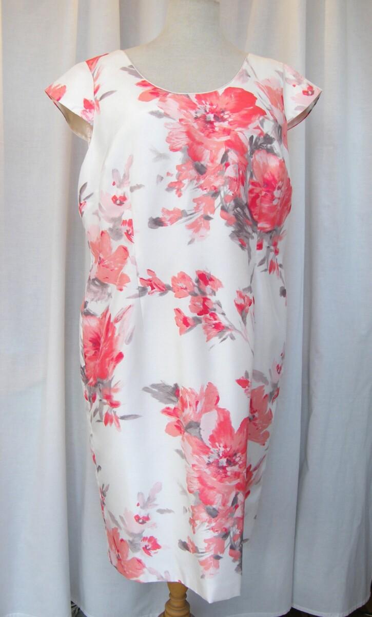 Jacques Vert IVORY SHANTUNG SHIFT DRESS CORAL BLURRED FLORAL PRINT & CORAL SHANTUNG CURVED EDGE SHORT JACKET