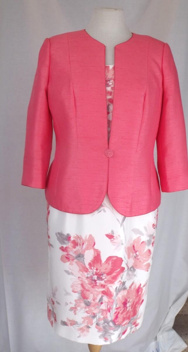 jacques vert IVORY SHANTUNG SHIFT DRESS CORAL BLURRED FLORAL PRINT & CORAL SHANTUNG EDGE TO EDGE JACKET