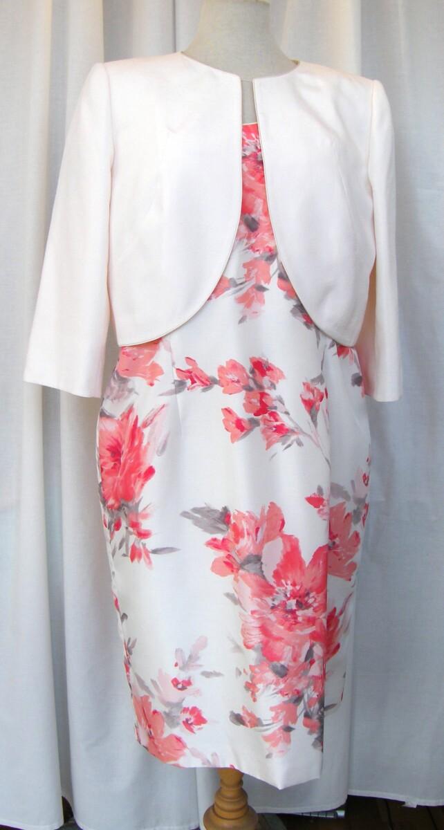 Jacques Vert IVORY SHANTUNG SHIFT DRESS CORAL BLURRED FLORAL PRINT & IVORY SHANTUNG CURVED EDGE SHORT JACKET