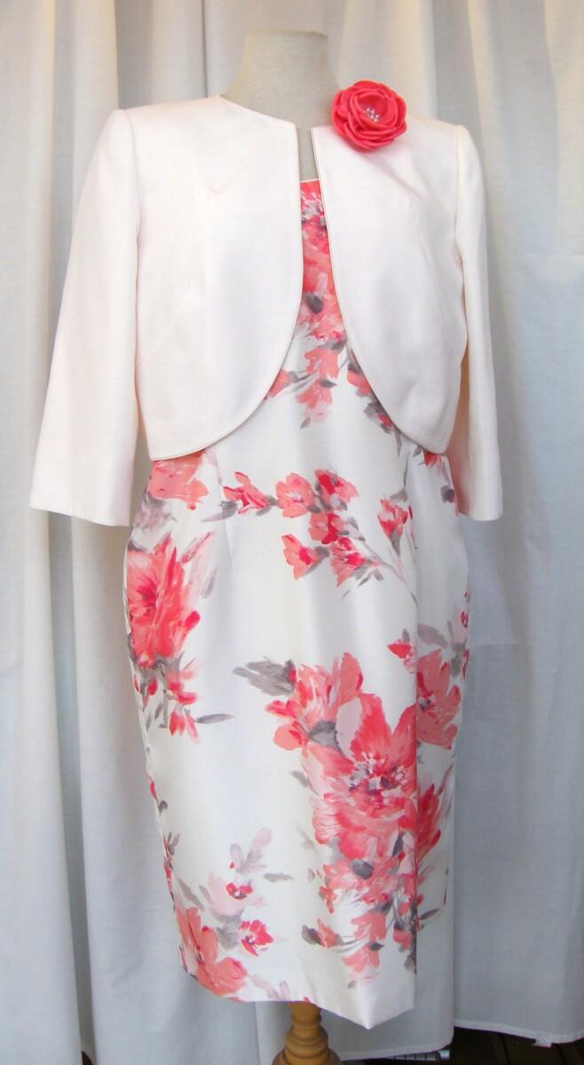 jacques vert IVORY SHANTUNG SHIFT DRESS CORAL BLURRED FLORAL PRINT & IVORY SHANTUNG CURVED EDGE SHORT JACKET