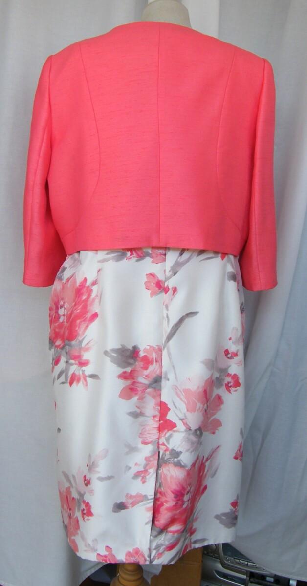 jacques vert IVORY SHANTUNG SHIFT DRESS CORAL BLURRED FLORAL PRINT & CORAL SHANTUNG CURVED EDGE SHORT JACKET