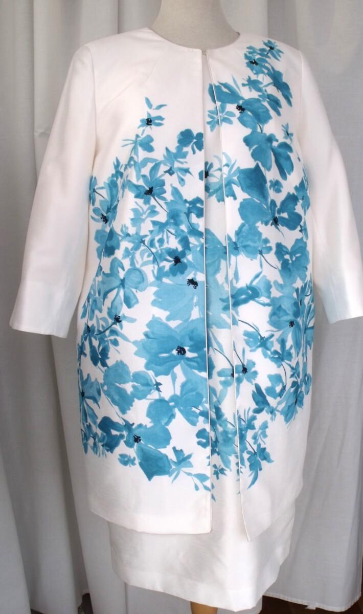jacques vert IVORY SHANTUNG SHIFT DRESS DELPHI BLUE PLACEMENT PRINT MATCHING IVORY SHANTUNG COAT DELPHI BLUE PRINT