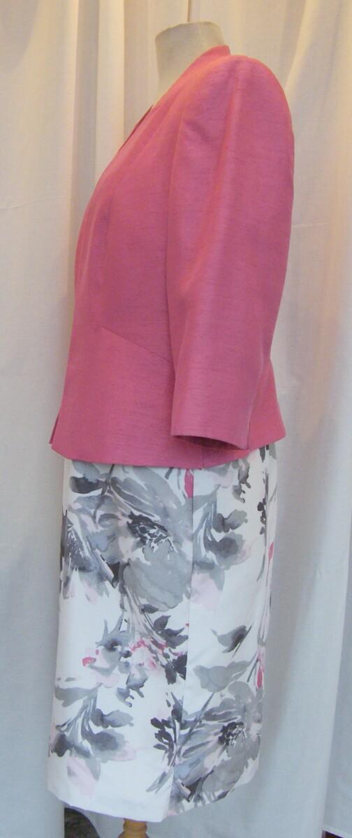 Jacques Vert IVORY SHANTUNG SHIFT DRESS GREY & CLOVER PINK PRINT MATCHING CLOVER PINK SHANTUNG JACKET