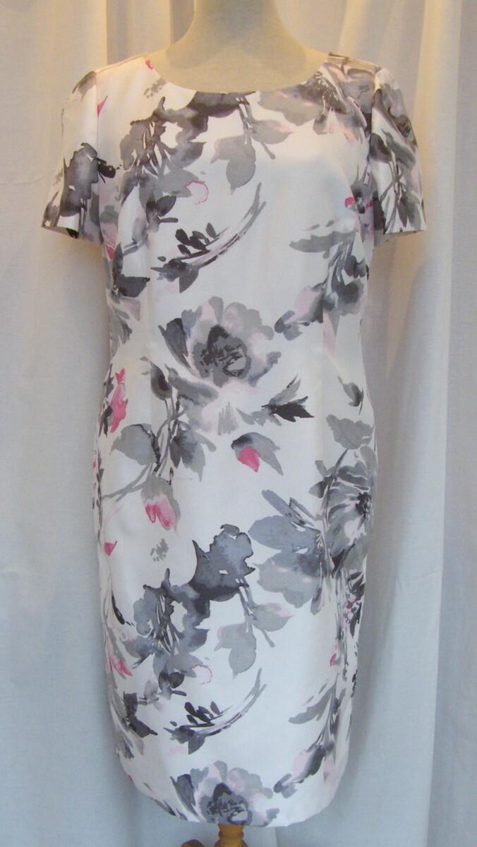 Jacques Vert IVORY SHANTUNG SHIFT DRESS GREY & CLOVER PINK PRINT MATCHING CLOVER PINK SHANTUNG JACKET