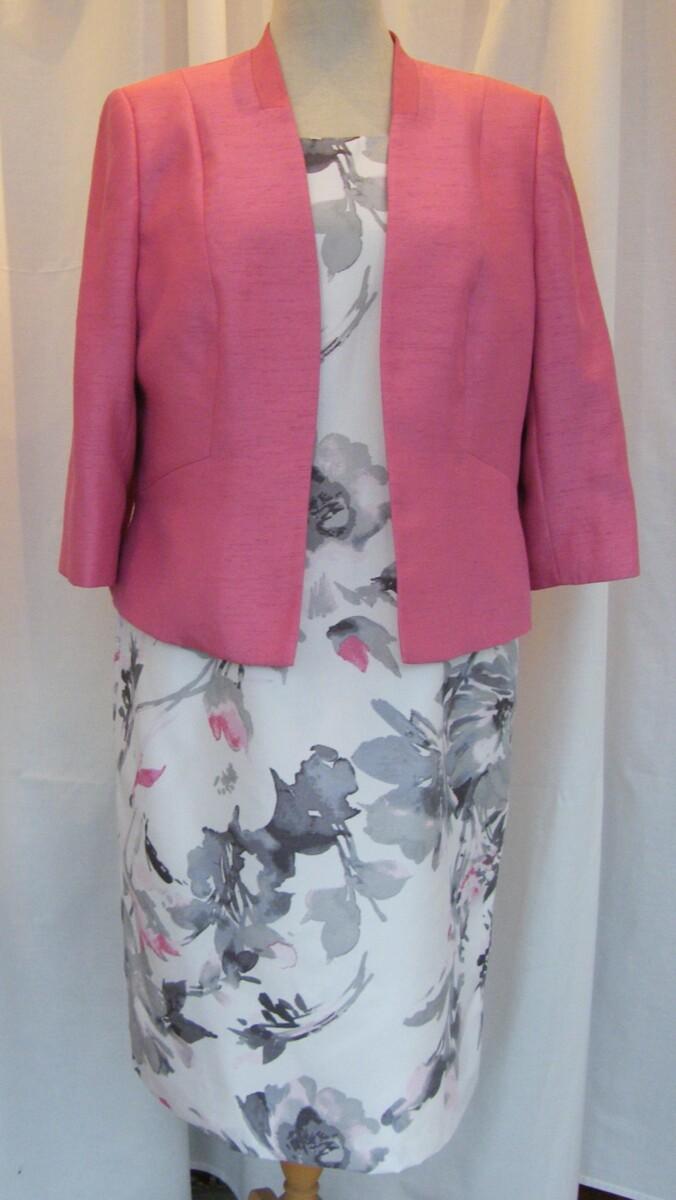 jacques vert IVORY SHANTUNG SHIFT DRESS GREY & CLOVER PINK PRINT MATCHING CLOVER PINK SHANTUNG JACKET