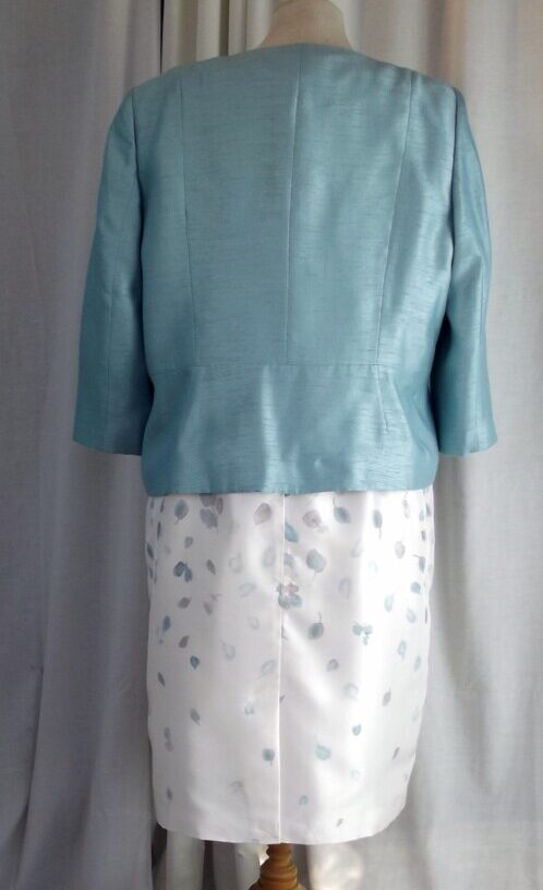 Jacques Vert IVORY SHANTUNG SHIFT DRESS LIGHT BLUE FALLING PETALS PRINT & LIGHT BLUE SHANTUNG EDGE TO EDGE JACKET