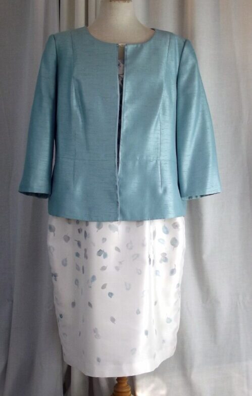 jacques vert IVORY SHANTUNG SHIFT DRESS LIGHT BLUE FALLING PETALS PRINT & LIGHT BLUE SHANTUNG EDGE TO EDGE JACKET