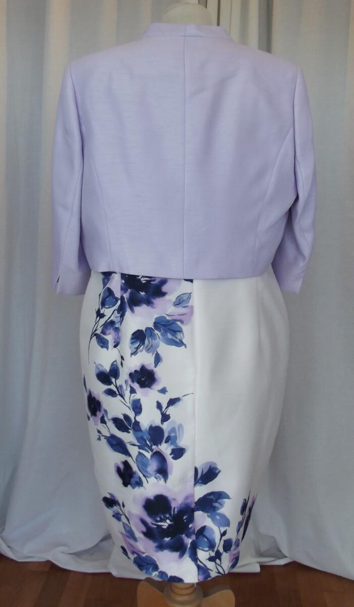 Jacques Vert IVORY SHANTUNG SHIFT DRESS LILAC & BLUE PLACEMENT PRINT MATCHING LILAC SHANTUNG SHORT JACKET