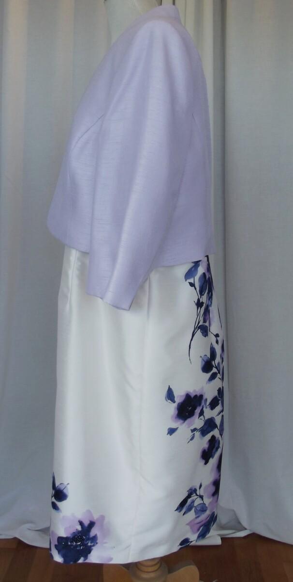 Jacques Vert IVORY SHANTUNG SHIFT DRESS LILAC & BLUE PLACEMENT PRINT MATCHING LILAC SHANTUNG SHORT JACKET