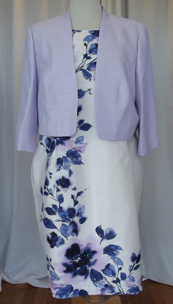 jacques vert IVORY SHANTUNG SHIFT DRESS LILAC & BLUE PLACEMENT PRINT MATCHING LILAC SHANTUNG SHORT JACKET