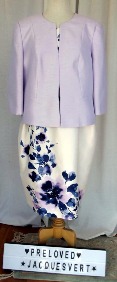 jacques vert IVORY SHANTUNG SHIFT DRESS LILAC & BLUE PRINT MATCHING LILAC SHANTUNG JACKET