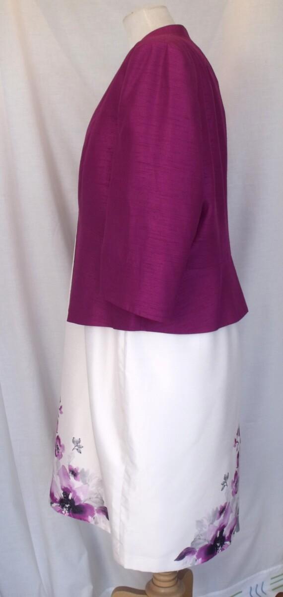 Jacques Vert IVORY SHANTUNG SHIFT DRESS RASPBERRY FLOWERHEAD PLACEMENT PRINT & RASPBERRY SHANTUNG JACKET