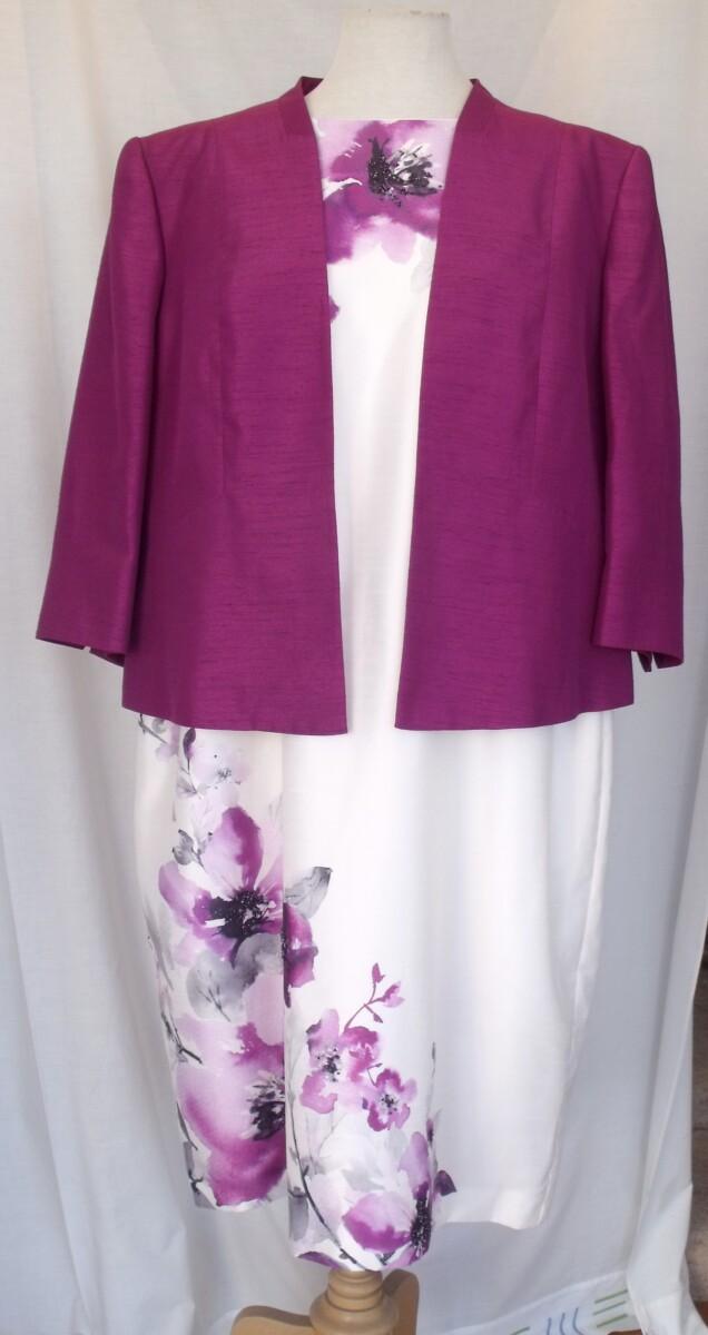 jacques vert IVORY SHANTUNG SHIFT DRESS RASPBERRY FLOWERHEAD PLACEMENT PRINT & RASPBERRY SHANTUNG JACKET