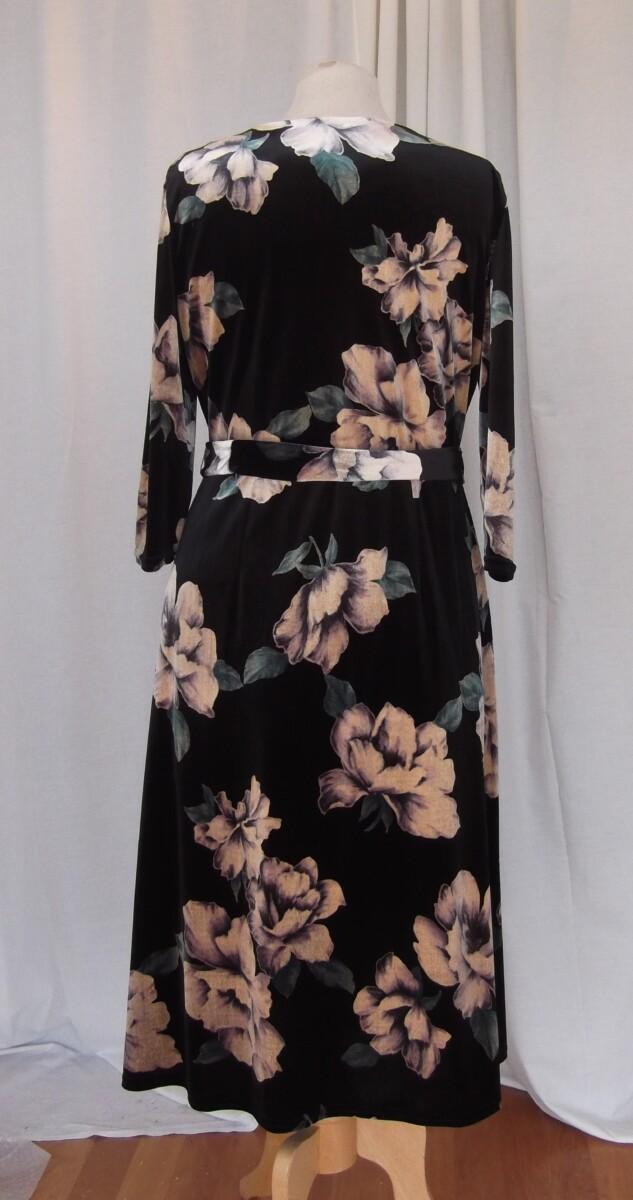 Jacques Vert JACQUES VERT COLLECTION 3/4 SLEEVED BLACK VELVETEEN WRAPOVER DRESS GOLD FLOWERHEAD PRINT