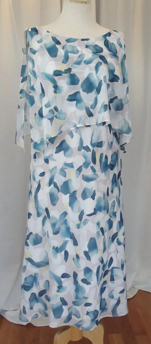 Jacques Vert JACQUES VERT COLLECTION BARCELONA RANGE IVORY CREPE CHIFFON LOOSE BODICE DRESS TEAL ABSTRACT PRINT & TEAL POCKET DETAIL JACKET