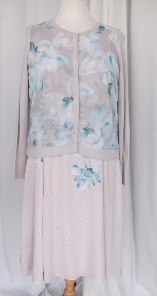 jacques vert JACQUES VERT COLLECTION BARCELONA RANGE NEUTRAL “DOBBY” FABRIC MAGNOLIA PRINT IN SHADES OF BLUE & CHIFFON TRIM CARDIGAN
