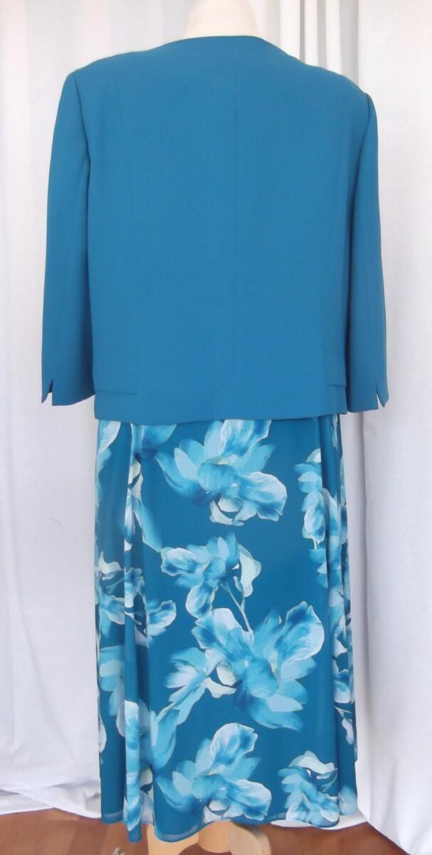 Jacques Vert JACQUES VERT COLLECTION BARCELONA RANGE TEAL CREPE CHIFFON DRESS MID BLUE FLOWERHEAD PRINT & TEAL POCKET DETAIL JACKET