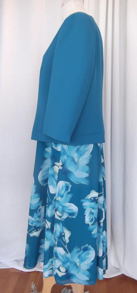 Jacques Vert JACQUES VERT COLLECTION BARCELONA RANGE TEAL CREPE CHIFFON DRESS MID BLUE FLOWERHEAD PRINT & TEAL POCKET DETAIL JACKET
