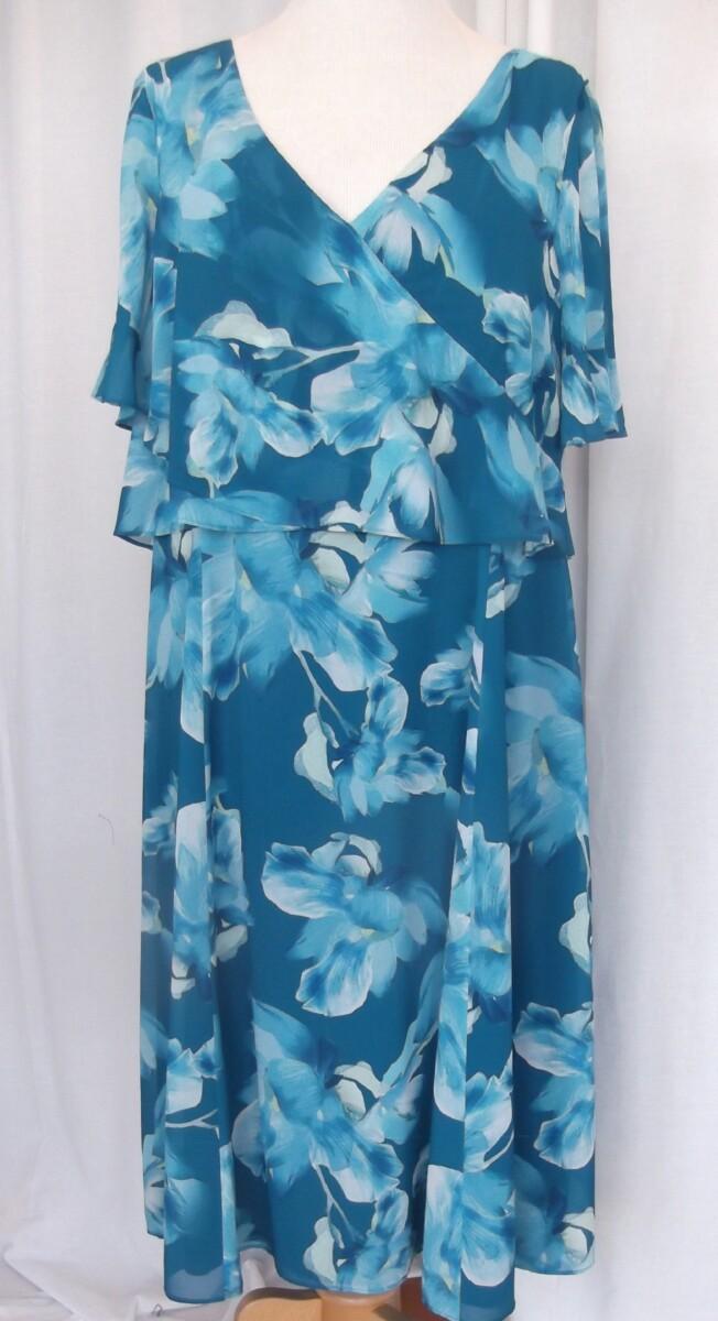 Jacques Vert JACQUES VERT COLLECTION BARCELONA RANGE TEAL CREPE CHIFFON DRESS MID BLUE FLOWERHEAD PRINT & TEAL POCKET DETAIL JACKET