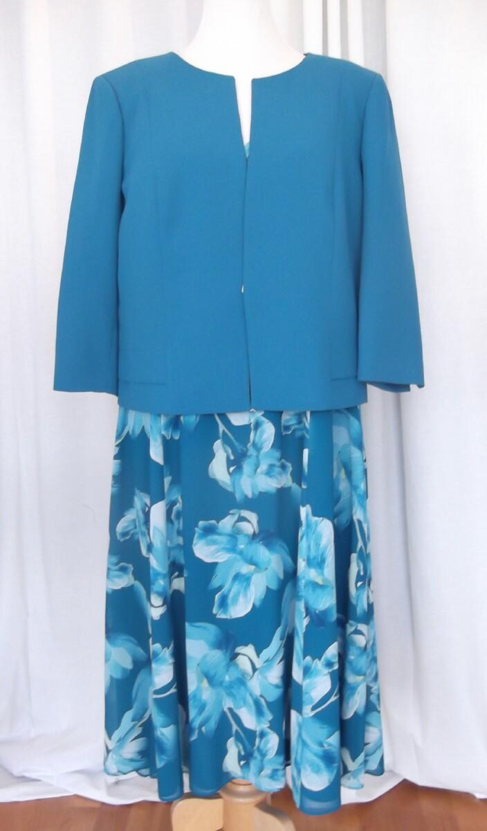 jacques vert JACQUES VERT COLLECTION BARCELONA RANGE TEAL CREPE CHIFFON DRESS MID BLUE FLOWERHEAD PRINT & TEAL POCKET DETAIL JACKET
