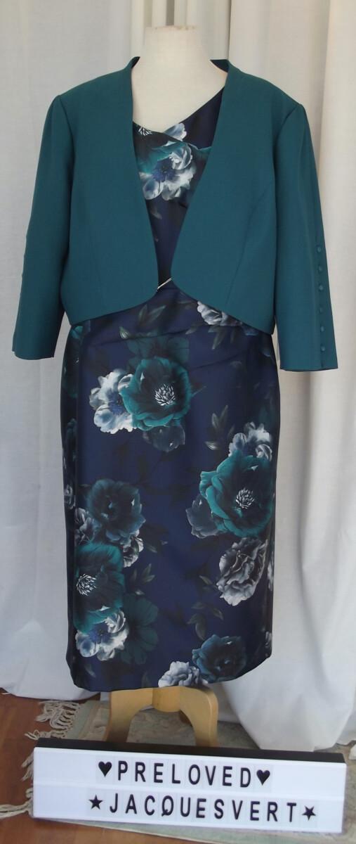 jacques vert JACQUES VERT COLLECTION BAROQUE FLEUR PRINTED JACQUARD SHIFT DRESS & GREEN 6 BUTTONED SLEEVE CREPE SHORT JACKET