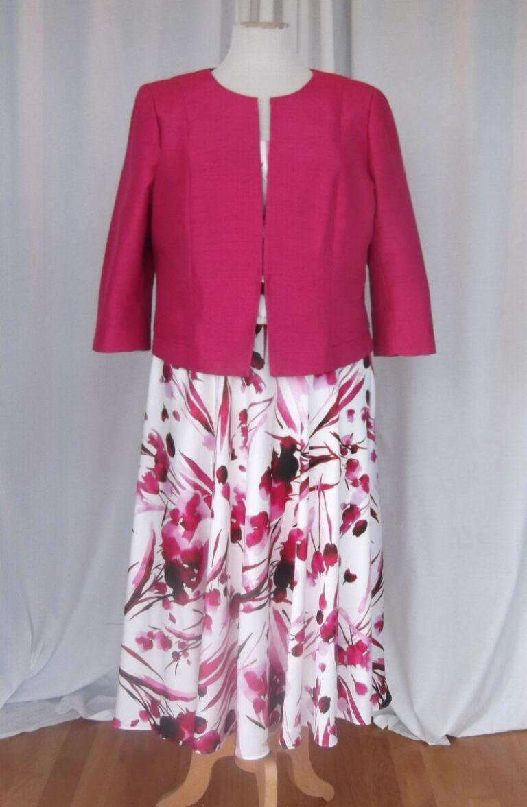 jacques vert JACQUES VERT COLLECTION BERRY POCKET DETAIL SHANTUNG JACKET IVORY SATEEN DRESS PINK ABSTRACT PRINT