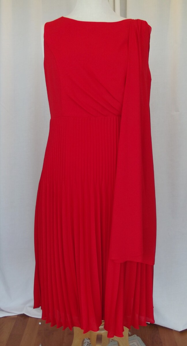 jacques vert JACQUES VERT COLLECTION BRIGHT RED CREPE CHIFFON DRESS WITH SUNRAY PLEATED SKIRT & OVER THE SHOULDER PASHMINA