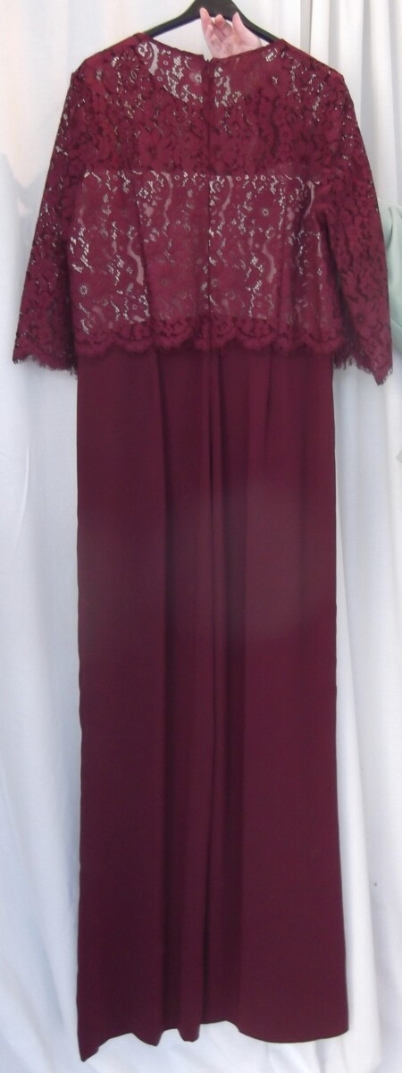 Jacques Vert JACQUES VERT COLLECTION BURGUNDY CREPE JUMP SUIT BURGUNDY LACE 3/4 SLEEVED BODICE