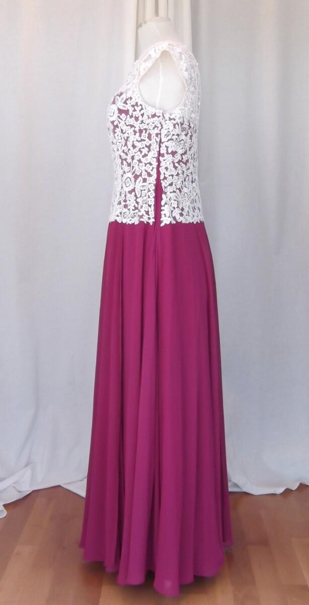 Jacques Vert JACQUES VERT COLLECTION CERISE PINK CHIFFON MAXI DRESS WITH IVORY LACE OVER BODICE