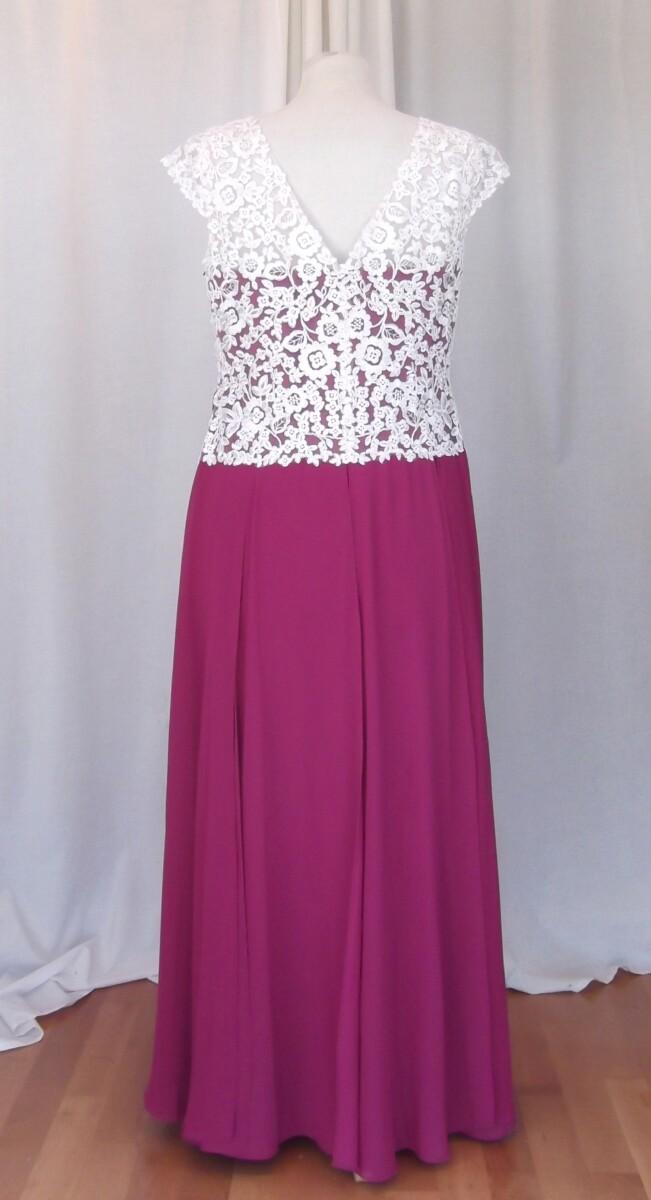Jacques Vert JACQUES VERT COLLECTION CERISE PINK CHIFFON MAXI DRESS WITH IVORY LACE OVER BODICE