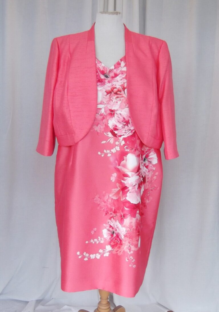 jacques vert JACQUES VERT COLLECTION CORAL SHANTUNG SHIFT DRESS IVORY PLACEMENT PRINT CORAL CURVED EDGE SHORT JACKET