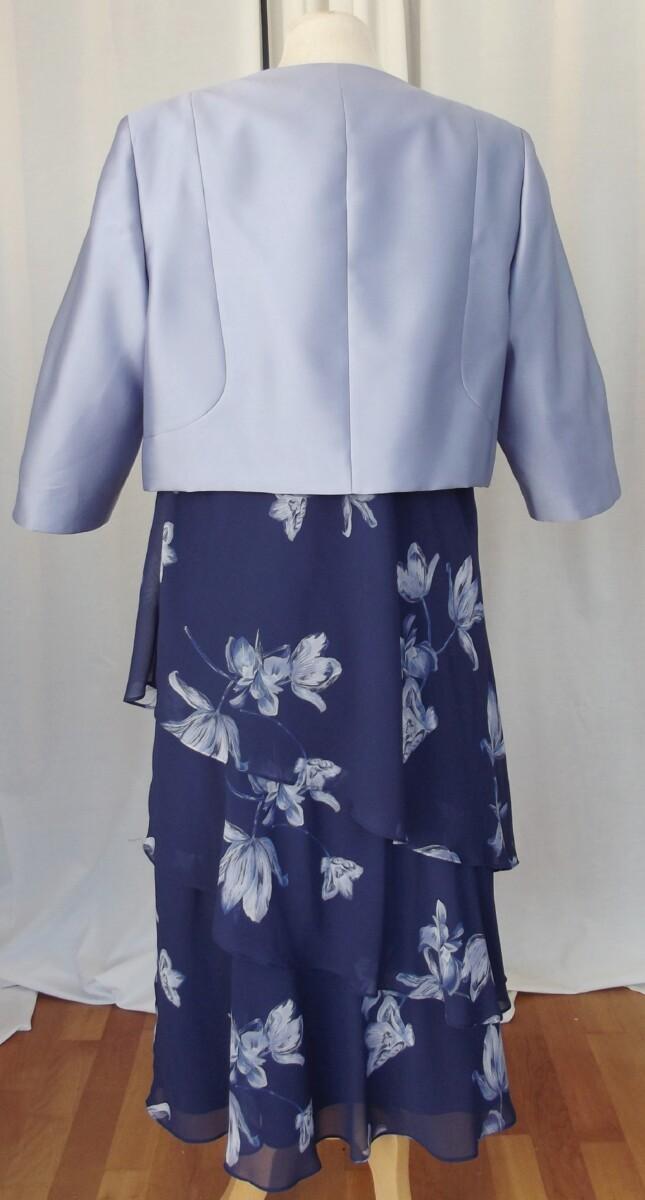 Jacques Vert JACQUES VERT COLLECTION CREPE CHIFFON DRESS IN MULTI NAVY & SILVER SOFT PRINT MATCHING SILVER BLUE JACQUARD SHANTUNGJACKET