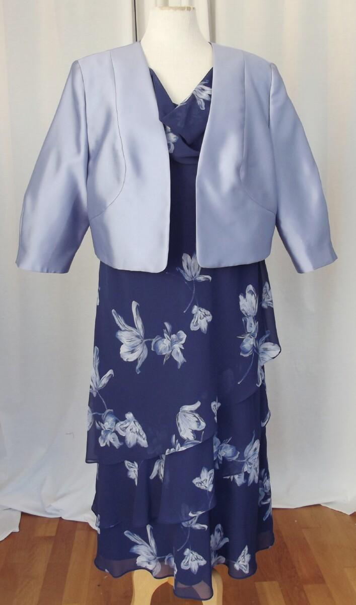 jacques vert JACQUES VERT COLLECTION CREPE CHIFFON DRESS IN MULTI NAVY & SILVER SOFT PRINT MATCHING SILVER BLUE JACQUARD SHANTUNGJACKET