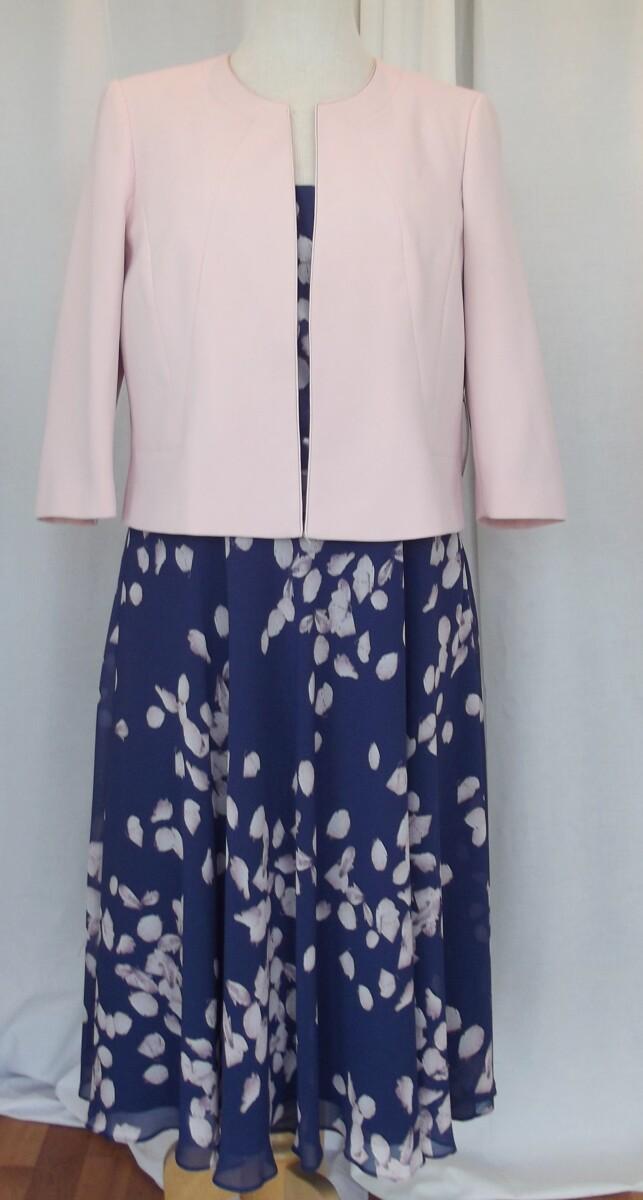 jacques vert JACQUES VERT COLLECTION DARK BLUE CHIFFON DRESS RANDOM PINK LEAF PRINT & PINK BAILEY CREPE JACKET