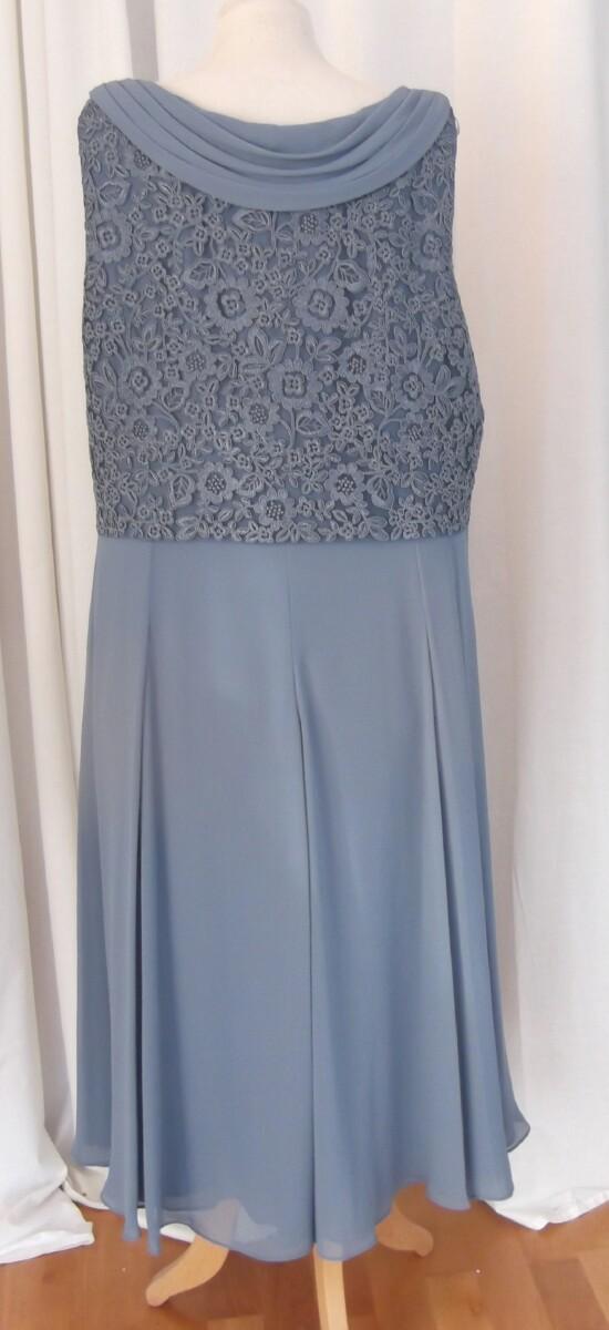 Jacques Vert JACQUES VERT COLLECTION DRESS OF STEEL BLUE CHIFFON LOOSE LACE BODICE SEQUINNED & BEADED ON FRONT CHIFFON SCARF NECKLINE