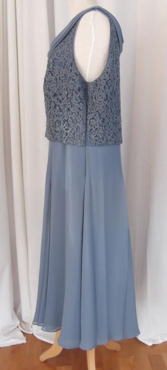 Jacques Vert JACQUES VERT COLLECTION DRESS OF STEEL BLUE CHIFFON LOOSE LACE BODICE SEQUINNED & BEADED ON FRONT CHIFFON SCARF NECKLINE