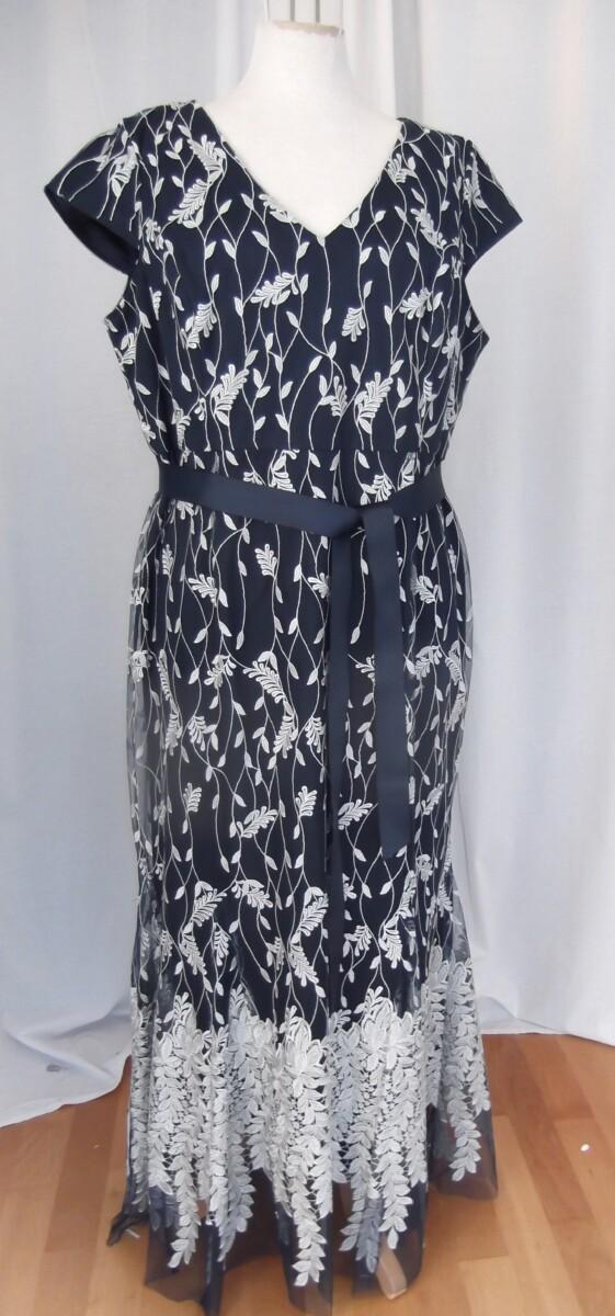 jacques vert JACQUES VERT COLLECTION ELENA VINE LEAF MAXI DRESS SILVER EMBROIDERY ON FINE NAVY MESH OVER NAVY CREPE CHIFFON JACQUES VERT COLLECTION