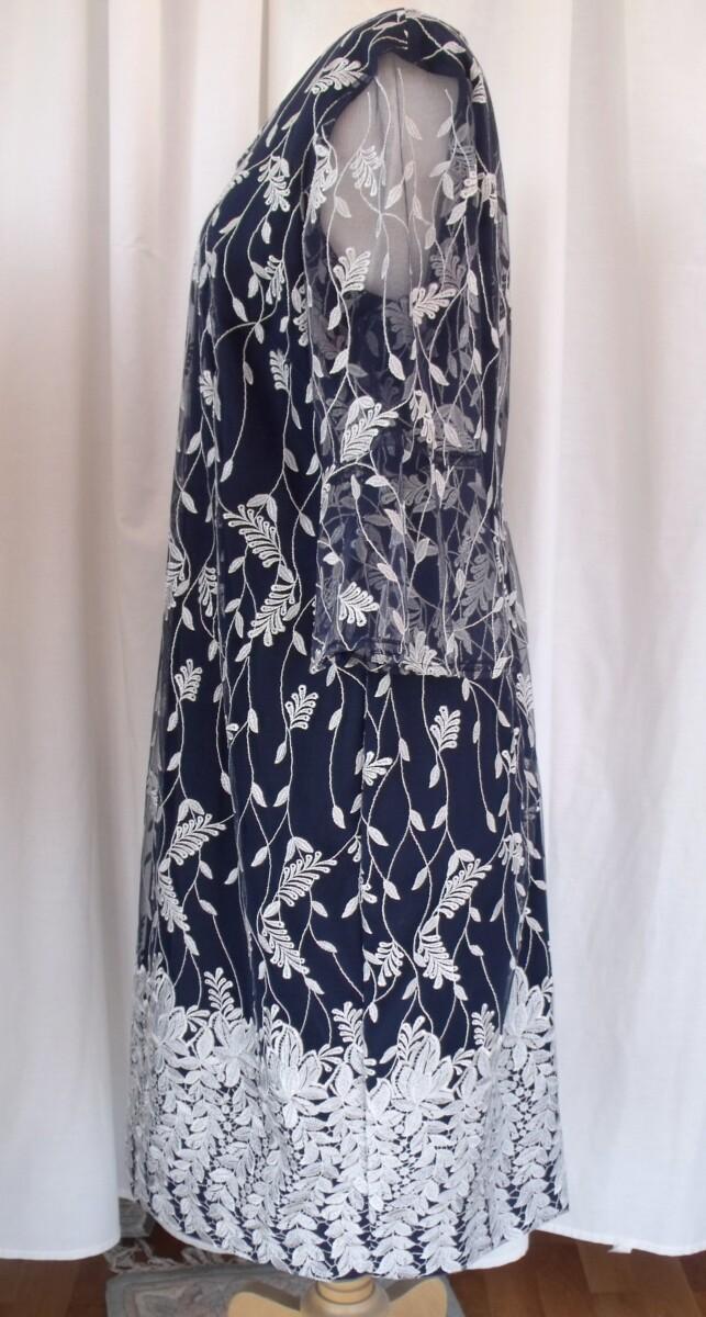 Jacques Vert JACQUES VERT COLLECTION ELENA VINE LEAF SHIFT DRESS SILVER EMBROIDERY ON FINE NAVY MESH OVER NAVY CREPE