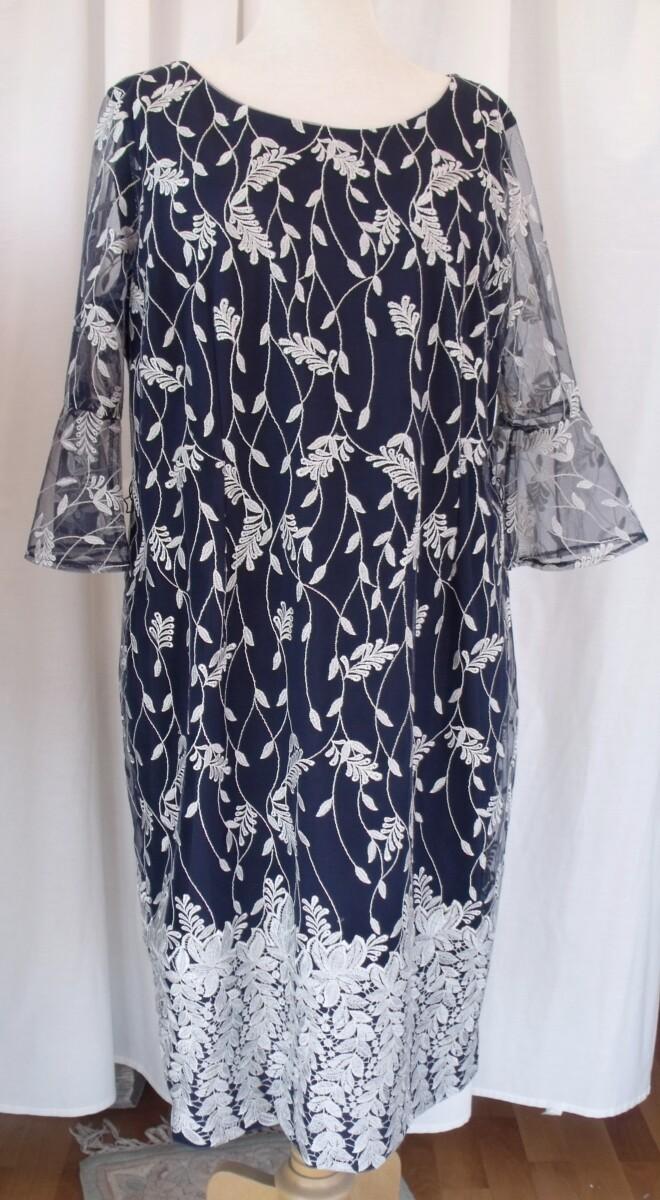 jacques vert JACQUES VERT COLLECTION ELENA VINE LEAF SHIFT DRESS SILVER EMBROIDERY ON FINE NAVY MESH OVER NAVY CREPE