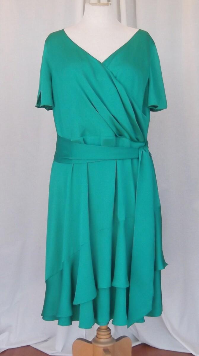 jacques vert JACQUES VERT COLLECTION EMERALD GREEN JACQUARD SATIN LOOK DRESS TRUE CROSS OVER BODICE