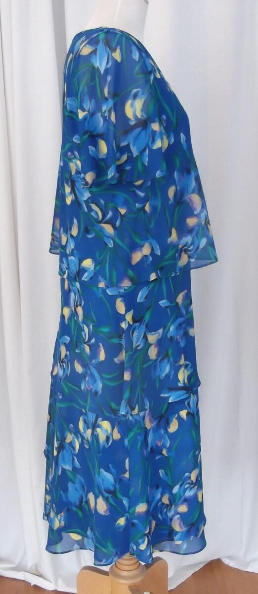 Jacques Vert JACQUES VERT COLLECTION FIT & FLARE BLUE CHIFFON WATERFALL FRILLS DRESS BLUE & MUSTARD YELLOW IRIS PRINT