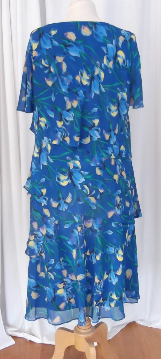 Jacques Vert JACQUES VERT COLLECTION FIT & FLARE BLUE CHIFFON WATERFALL FRILLS DRESS BLUE & MUSTARD YELLOW IRIS PRINT