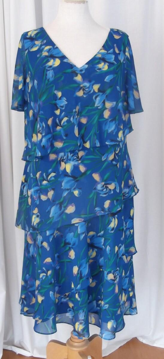 jacques vert JACQUES VERT COLLECTION FIT & FLARE BLUE CHIFFON WATERFALL FRILLS DRESS BLUE & MUSTARD YELLOW IRIS PRINT