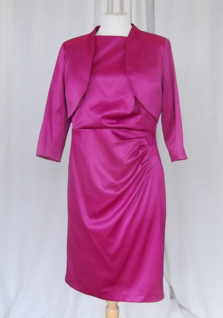 jacques vert JACQUES VERT COLLECTION FUSCHIA PINK SATIN SLEEVELESS SHIFT DRESS & LONG SLEEVED FUSCHIA SATIN BOLERO