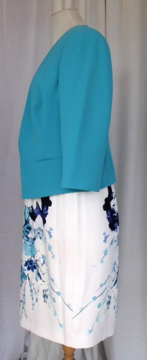 Jacques Vert JACQUES VERT COLLECTION HAMPTON IVORY CREPE SHIFT DRESS TURQUOISE & BLUE PRINT MATCHING TURQUOISE POCKET DETAIL CREPE JACKET