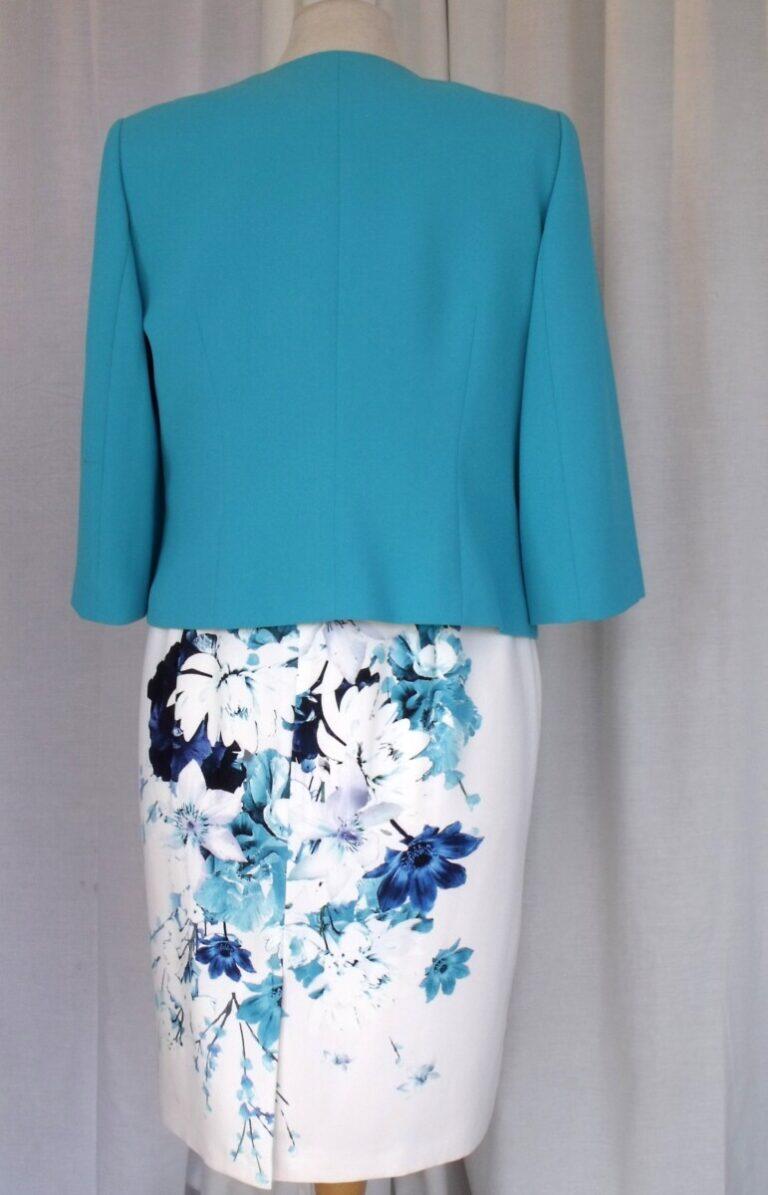 Jacques Vert JACQUES VERT COLLECTION HAMPTON IVORY CREPE SHIFT DRESS TURQUOISE & BLUE PRINT MATCHING TURQUOISE POCKET DETAIL CREPE JACKET