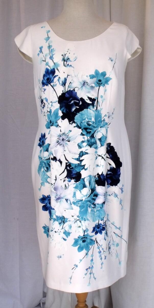 Jacques Vert JACQUES VERT COLLECTION HAMPTON IVORY CREPE SHIFT DRESS TURQUOISE & BLUE PRINT MATCHING TURQUOISE POCKET DETAIL CREPE JACKET