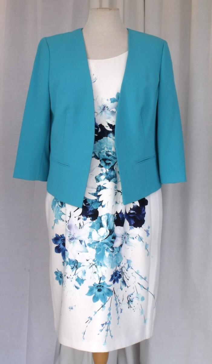 jacques vert JACQUES VERT COLLECTION HAMPTON IVORY CREPE SHIFT DRESS TURQUOISE & BLUE PRINT MATCHING TURQUOISE POCKET DETAIL CREPE JACKET